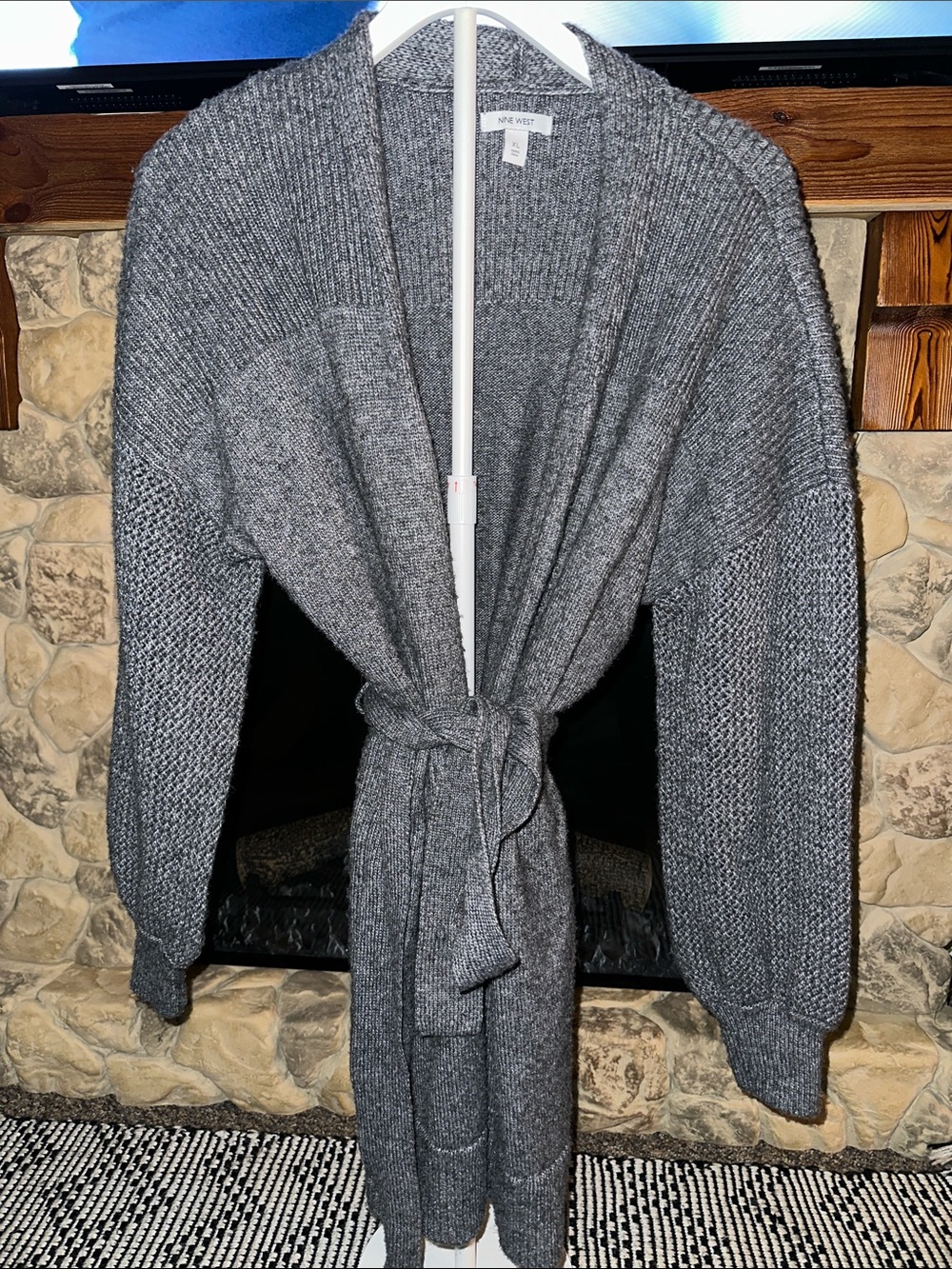 Nine West Charcoal Gray Knit Belted Longline Cardigan